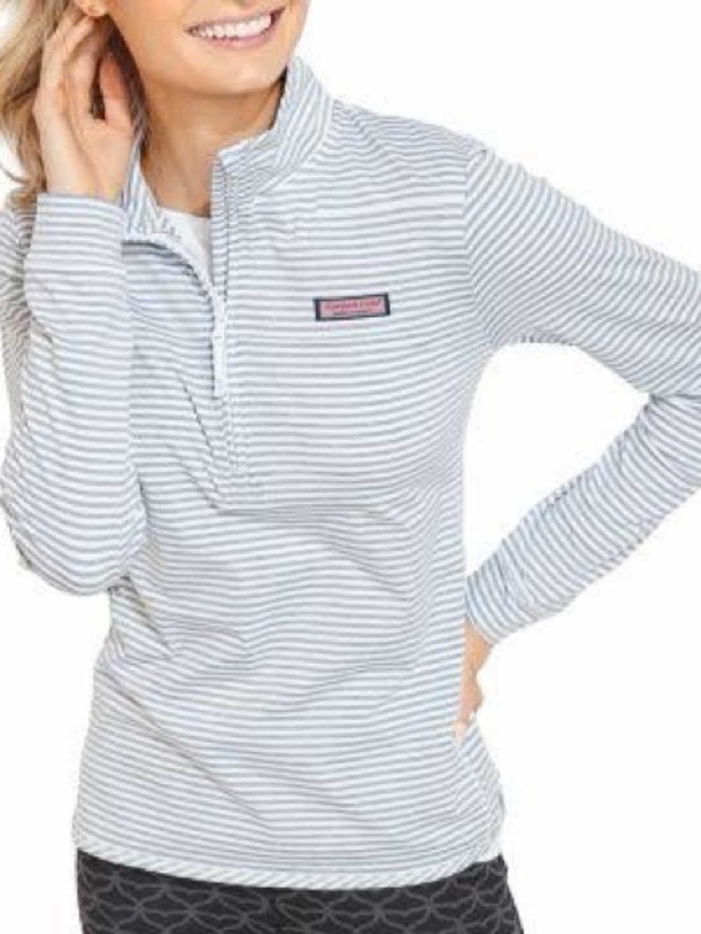 Vineyard Vines Light Gray and White Striped Quarter-Zip Shep Shirt